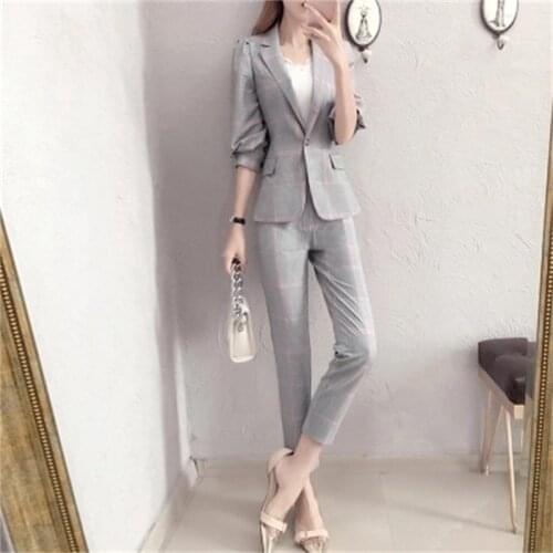 Fashion plaid suit suit female summer New High-end British wind plaid Leisure business suit + pants two-piece suit womens