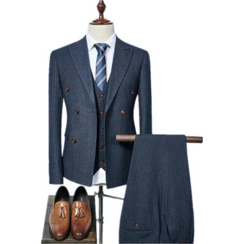 Jacket+Vest+Pants) 2018 double breasted Men Suits Fashion wool Mens Slim Fit business wedding Suit men Wedding suit full size
