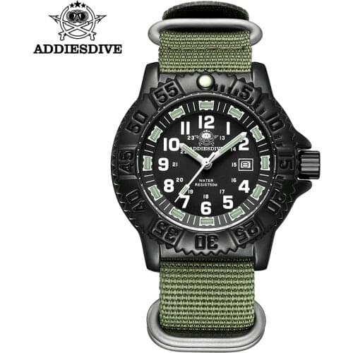 Addies Diving Military Watches Men Cool Fahsion Casual Sports NATO Nylon Black Stainless Steel 50M Water Resistant Outdoor