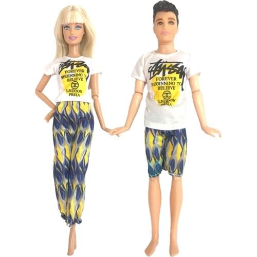 NK 2 Pcs /Set Couple Doll Dress Fashion T-Shirt Trousers Daily Wear Shorts Accessories Clothes for Barbie Doll for Ken Doll