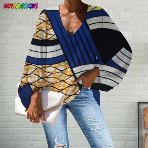 NOISYDESIGNS Women Chiffon Shirt Blue Peaks Ankara African Printing Lantern Sleeve Loose V-Neck Blouses Elegant Daily Retro Tops