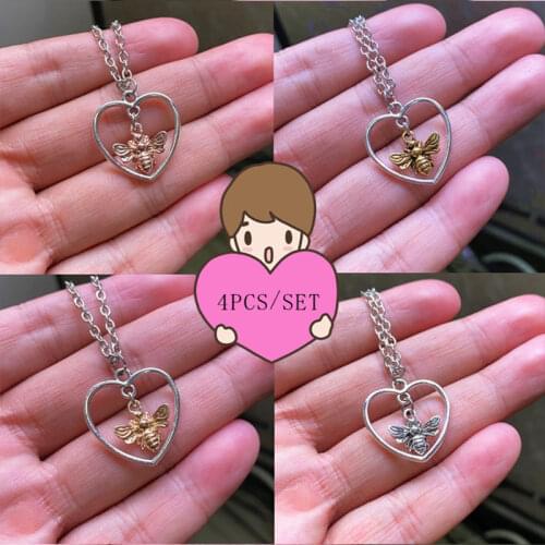 4-Piece Set Of Bee In Love Pendant Necklace, 4 Colors Cute Gold Silver color Bee Honey Pendant For Womens Gifts