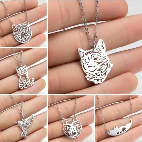 Fashion Stainless Steel Cute Animal Cat Necklaces Women Origami Hummingbird Wolf Bear Pendant Collar hombre Best Friend Gifts