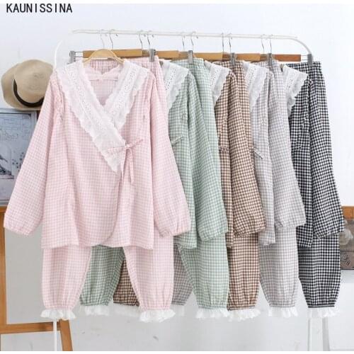 Womens Cotton Pajamas Double-Layer Gauze Spring Summer Nursing Pregnant Kimono Pajamas Set Lace Trim Loose Plaid Sleepwear Suit