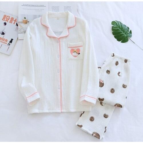 Hot Sale 100%cotton White Cartoon Pajamas for Women 2021 New Spring Long Sleeve Homewear Plus Size Female Two Piece Home Suit