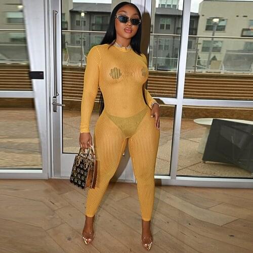 Striped Patchwork See Through Skinny Romper Women Sexy Long Sleeve Clubwear Bodycon Jumpsuit Hipster Female Y2K Clothes 2021