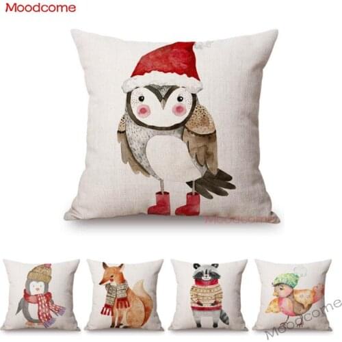 Lovely Woodland Baby Animal Owl Fox Bear Christmas Hat Cartoon Sofa Pillow Case Linen Kids Room Decoration Cute Cushion Cover