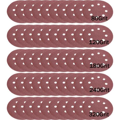 50pcs/set 5" 8 Hole 80/120/180/240/320 Grit Sanding Disc Random Orbit Hook Loop Sander Sand Paper Discs Set Grit
