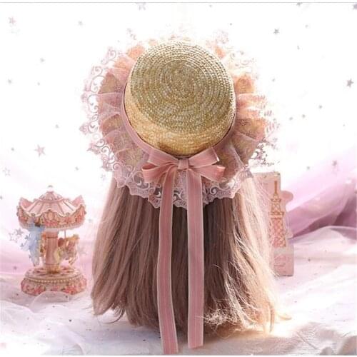 Sweet Mori Girl Summer Straw Hats Women Beach Sun Hat Lolita Lace Bow Ribbon Flat Top hat B1033