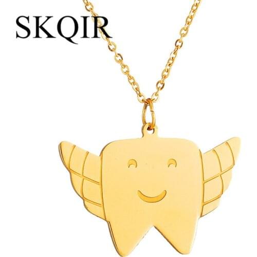 SKQIR Gold Angle Teenth Necklace For Girls Fashoin Medical Tooth Charm Pendant Jewelry Women Stainless Steel Chain Necklace