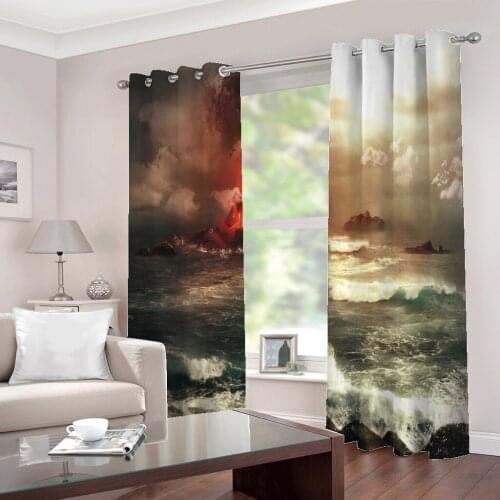 At sea Landscape Volcanic Eruption Red Lava Ocean Creative Photo Window Curtain For Living room Bedroom Blackout Drapes Sets