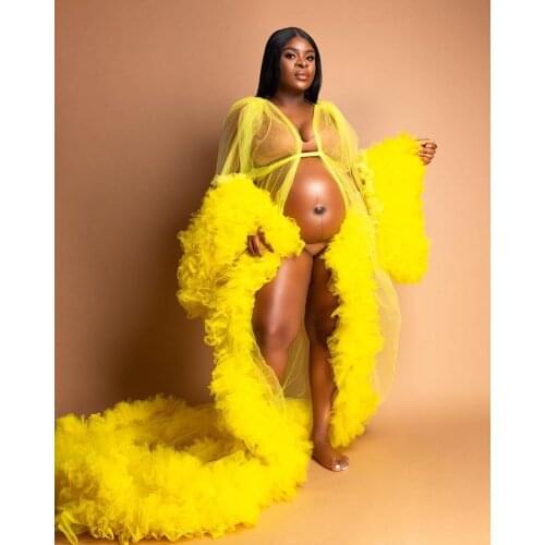 Bright Yellow Tulle Maternity Dresses Long Sleeve Women Plus Size Tulle Evening Gowns See Through Sheer Prom Dres Maternity Robe