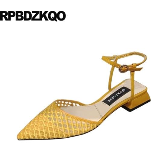 2019 pointed ankle strap sandals chunky pink thick slingback luxury shoes women designer block fashion yellow low heel summer
