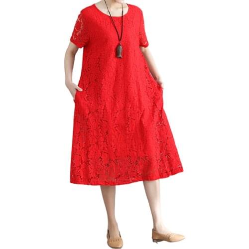 Oversized Lace Women Dresses 2021 Summer New O-Neck Short-Sleeved Loose A-Line Knee-Length Lady Elegant Dresses Top Quality