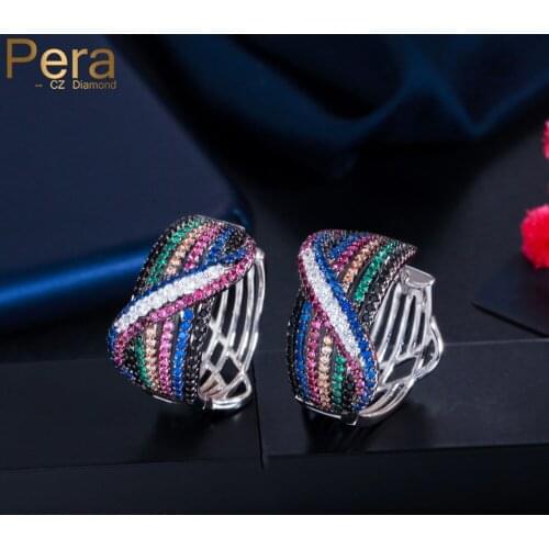 Pera Brand Design Rainbow Cubic Zirconia Multicolor Ribbons Delicate Circle Hoop Earrings for Ladies Costume Party Jewelry E718