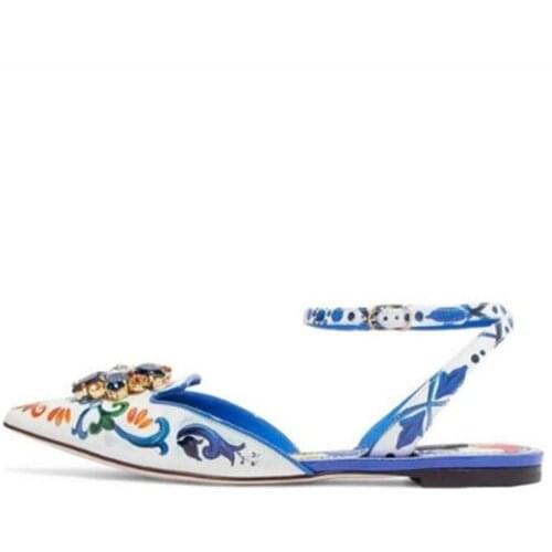 Sandalias Mujer 2019 Rose Flower butterfly Prints Flat Shoes Pointed Toe Leather Ankle Strap Sandals Shiny Crystal Shoes Woman