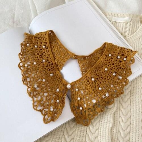 Women Hollow Out Knit Fake Collar Shawl Imitation Pearl Beading Double Button Scarf Necklace Floral Lace Summer Half Shirt Lapel