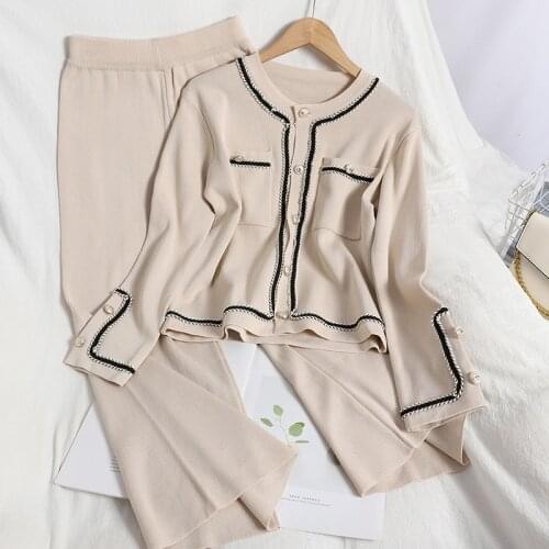 Fasion Women Knitted Lace Patchwork Cardigan Sweaters+Pants Sets Woman Fashion Jumpers Trousers 2 Piece Set Elegant Outfit