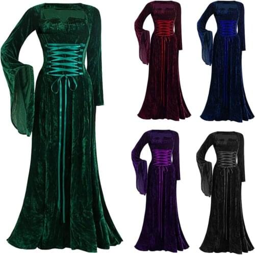 Sexy Womens Solid Colors Long Dress Vintage Medieval Gothic Long Sleeve Lace-Up Floor Length Elegant Party Dress Vestidos