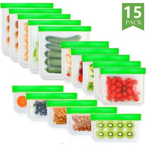 15 Pieces/Set Of Silicone Food Bag PEVA Food Preservation Bag Fruit And Vegetable Sealed Bag Leak-Proof Food Storage Ziplock Bag