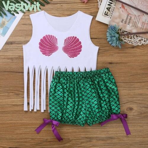 2021 2Pcs Cute Mermaid Set Toddler Kid Baby Girls Clothes Sleeveless Vest Tank Top+Fish Scales Short Pants Summer Outfits 1-4T