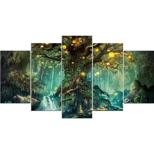 Hd Printed 5 Pieces Canvas Art Enchanted Tree Scenery Painting Wall Pictures Abstract Poster for Living Room Interior Home Decor