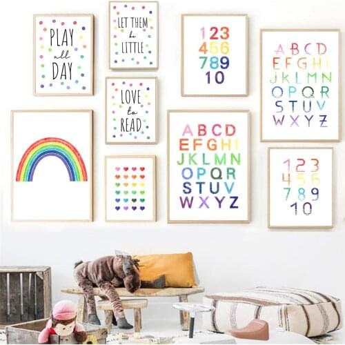 Alphabet And Number Nursery Wall Art Canvas Print ABC Poster Rainbow Painting Education Wall Art Pictures Nordic Kids Room Decor