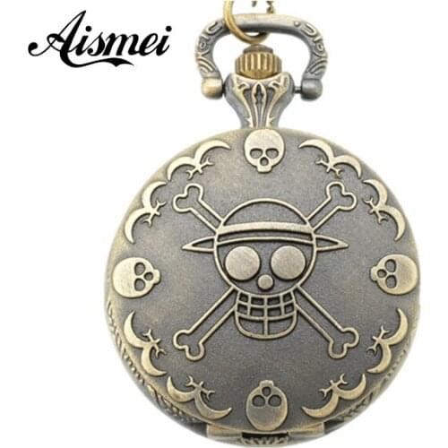 Antique Bronze Anime Skull One Piece Luffy Design Quartz Pocket Watch Pendant with 80CM Chain for interesting Halloween