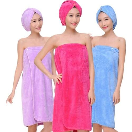 2Pcs/lot Bathrobes Women Bathing Wearable Bath Towel+Dry Hair Cap Coral Cashmere Fleece Women Robe Towels Bath Skirt For Adults