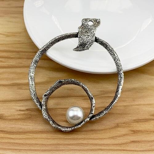 2 Pieces Large Boho Open Round & Imitation Pearls Tibetan Silver Charms Pendants for Necklace Jewellery Making 79x64mm