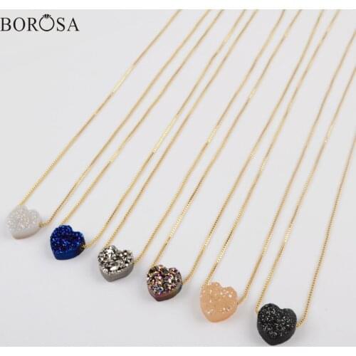 BOROSA 5Pcs Fashion Rainbow Heart Shape Titanium Natural Druzy Pendant 16.5~17 inch Chain Adjustable Necklace for Women G1889