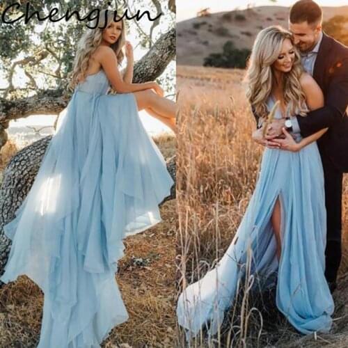 Chengjun Sexy Deep V Neck Backless Long Boho Chiffon Blue Wedding Dress 2019