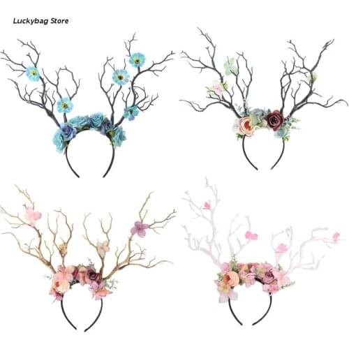 X5XE Tree Stick Flower Hair Wreath Reindeer Antlers Headband Fairy Garland for Women