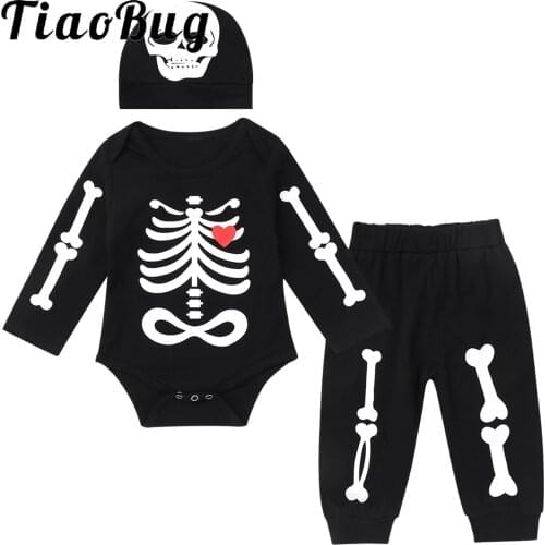 Infant Baby Halloween Scary Outfits Boys Girls Long Sleeves Skull Skeleton Printed Romper Bodysuit with Pants Hat Matching Sets