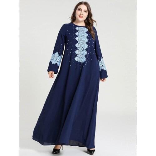 Abaya Muslim Beading Embroidery Long Dress Plus Size Arab Jilbab Dubai O-neck Maxi Robe Islamic Vestido Ramadan Dubai Kaftan New