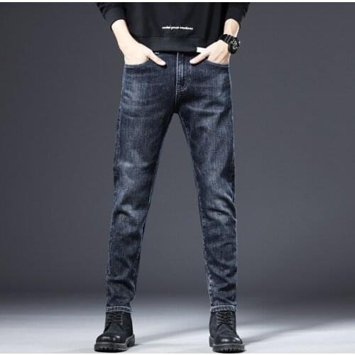 Mens Autumn Spring Slim Elastic Jeans Men Straight Denim Trousers Zipper Fly Slim Blue Jeans for Men Casual Trousers