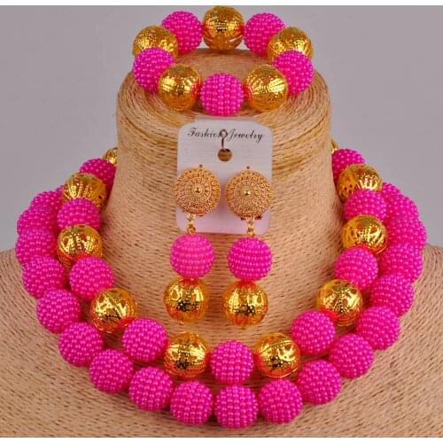 Fuchsia pink costume necklace african set simulated pearl nigerian beads jewelry sets ZZ17