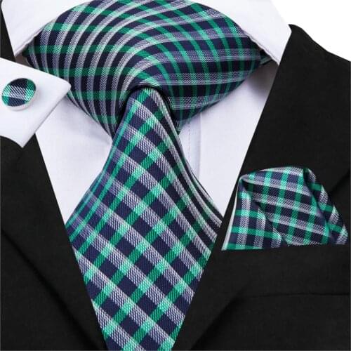 Hi-Tie Luxury Brand Silk Mens Ties Green Plaid Designer Classic Party Wedding Tie Set 8.5cm Wide Fashion Mens Neck Tie C-3050
