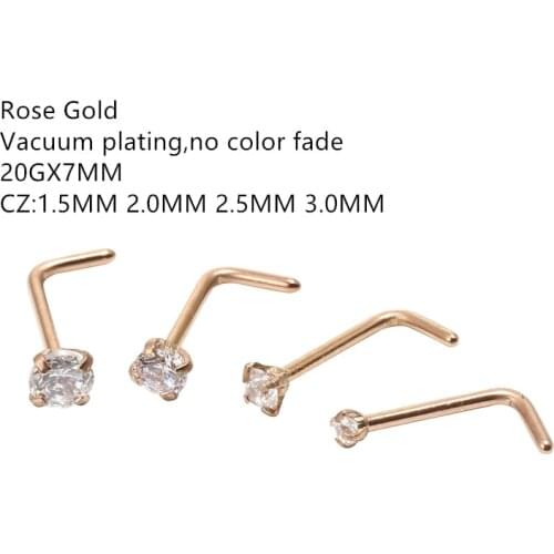 50pcs/Lot 20G Rose Gold Color CZ Nose Stud Screw Surgical Steel Nose Ring Body Piercing 1.5mm 2mm 2.5mm 3mm L Shape Shine