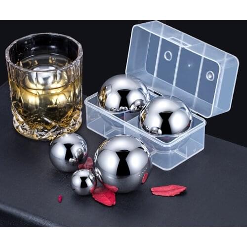 2pcs/box 304 Stainless Steel Round Ice Cubes Whiskey Cooling Stone Quick-frozen Metal Particles Ice Cube Box Wine Set Ice Tartar