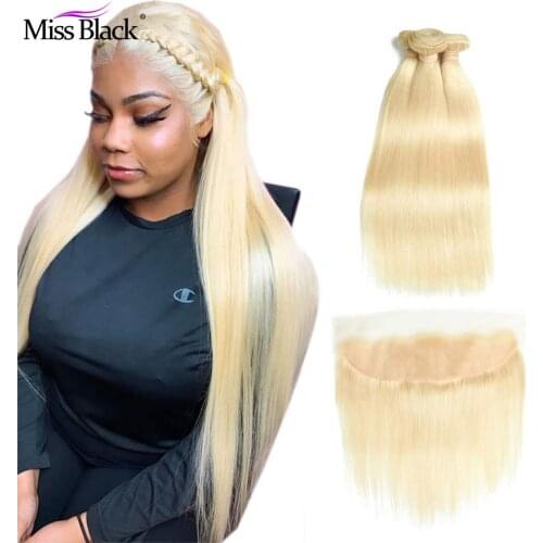 Miss Black 613 Blonde Hair Straight 3 4 Bundles with 13x4 Ear to Ear Lace Frontal Brazilian Transparent Lace For Black Women