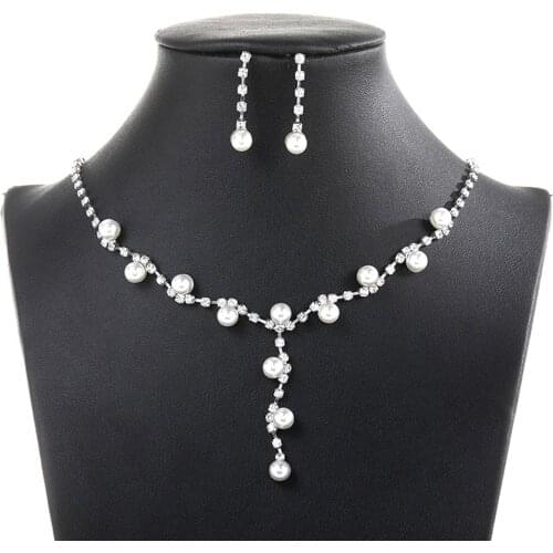 Fashion Women Rhinestone Faux Pearl Pendant Necklace Stud Earrings Jewelry Set Wedding party Decor Accessory