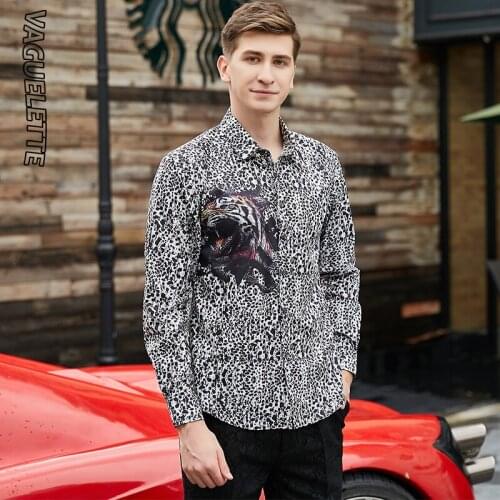 VAGUELETTE Leopard Printed Animal Pattern Shirt Men With Long Sleeve Fashion Men Shirt Slim Fit Stage Wear For Singers M-3XL