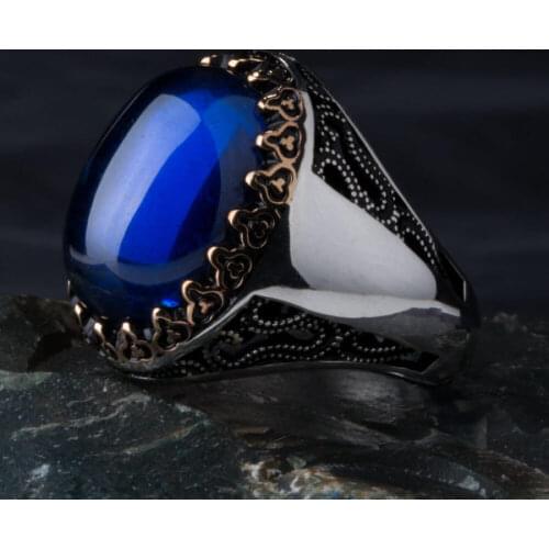 925 Sterling Silver Blue Zircon Stone Mens Ring Zirconia Ring for Men Exclusive Male Ring Silver Ring