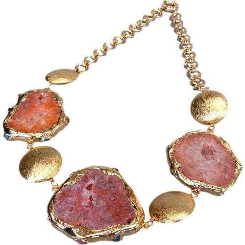 YYGEM 45x53mm Orange Color Agate Slice Gold Plated Brushed Coin Bead Chain Necklace 24"