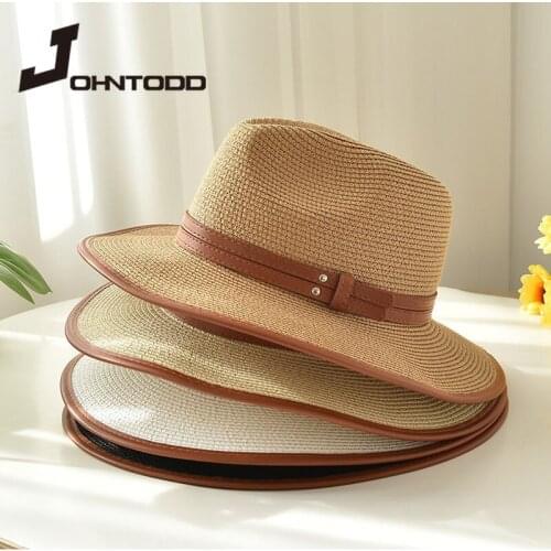 2021 Fashion Women Men Summer Panama Hat Sun Hats with Brown Ribbon Beach Straw Hat UV Sun Protection Travel Cap Chapeu Feminino