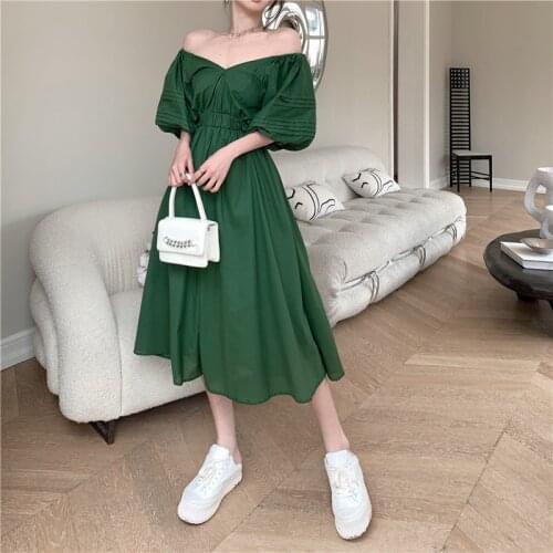 Women Fashion Pleated Sexy Exposed Waist Bow Lace Up Dress 2021 New Summer V Neck Slim Elastic Waist Puff Sleeve Solid Dresses