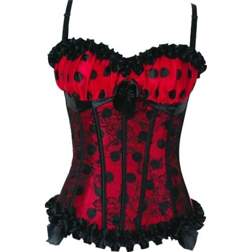 Sexy Brocade Gorgeous Corset top bustier/G-string 1296 red with black dots corsets S-6XL