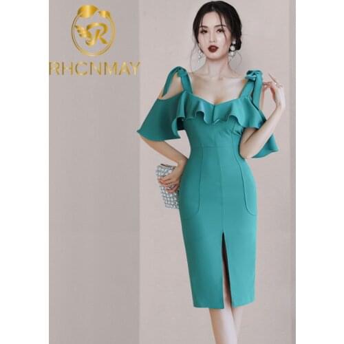 Simple Summer Dresses Women Off The Shoulder Office Bodycon Sheath Dress Korean Elegant Split Party Pencil Vestidos