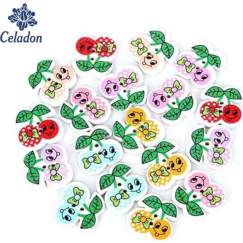 20x20mm 50pcs Cute Cherry Decorative Buttons Sewing Buttons Scrapbooking Wooden Buttons Crafts DIY Sewing Accessories